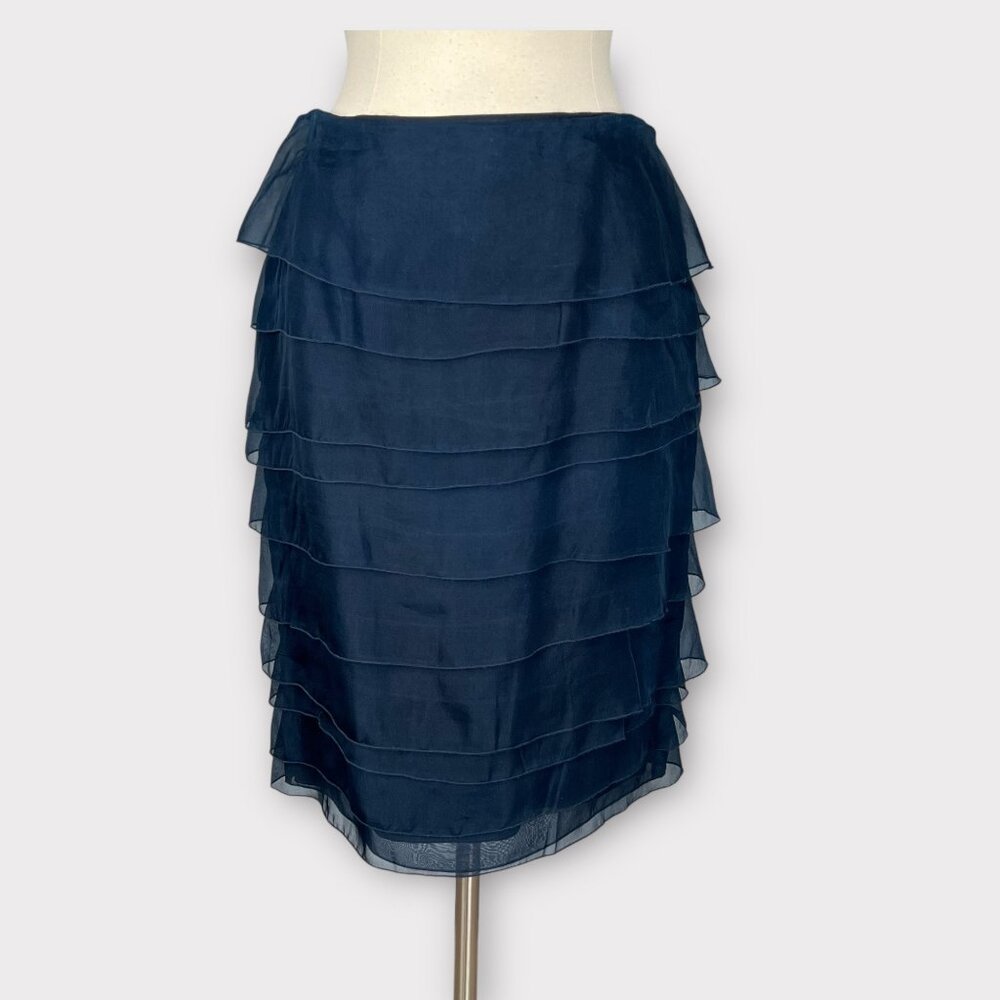 Juliana Collezione Womens Ruffled Pencil Skirt Blue Silk Tiered Formal size 8